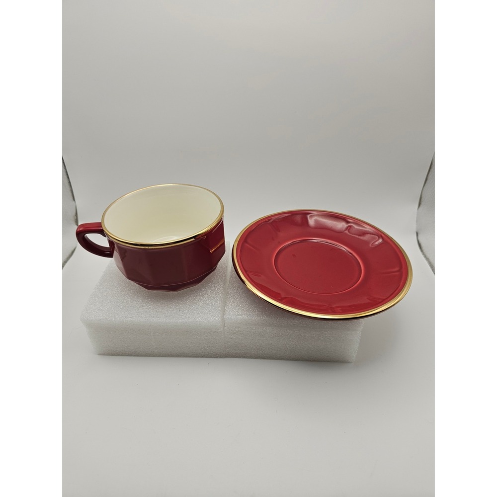 Apilco France Red Porcelain Tea Cup and Saucer Set Gold Gilt Trim Bistro Ware